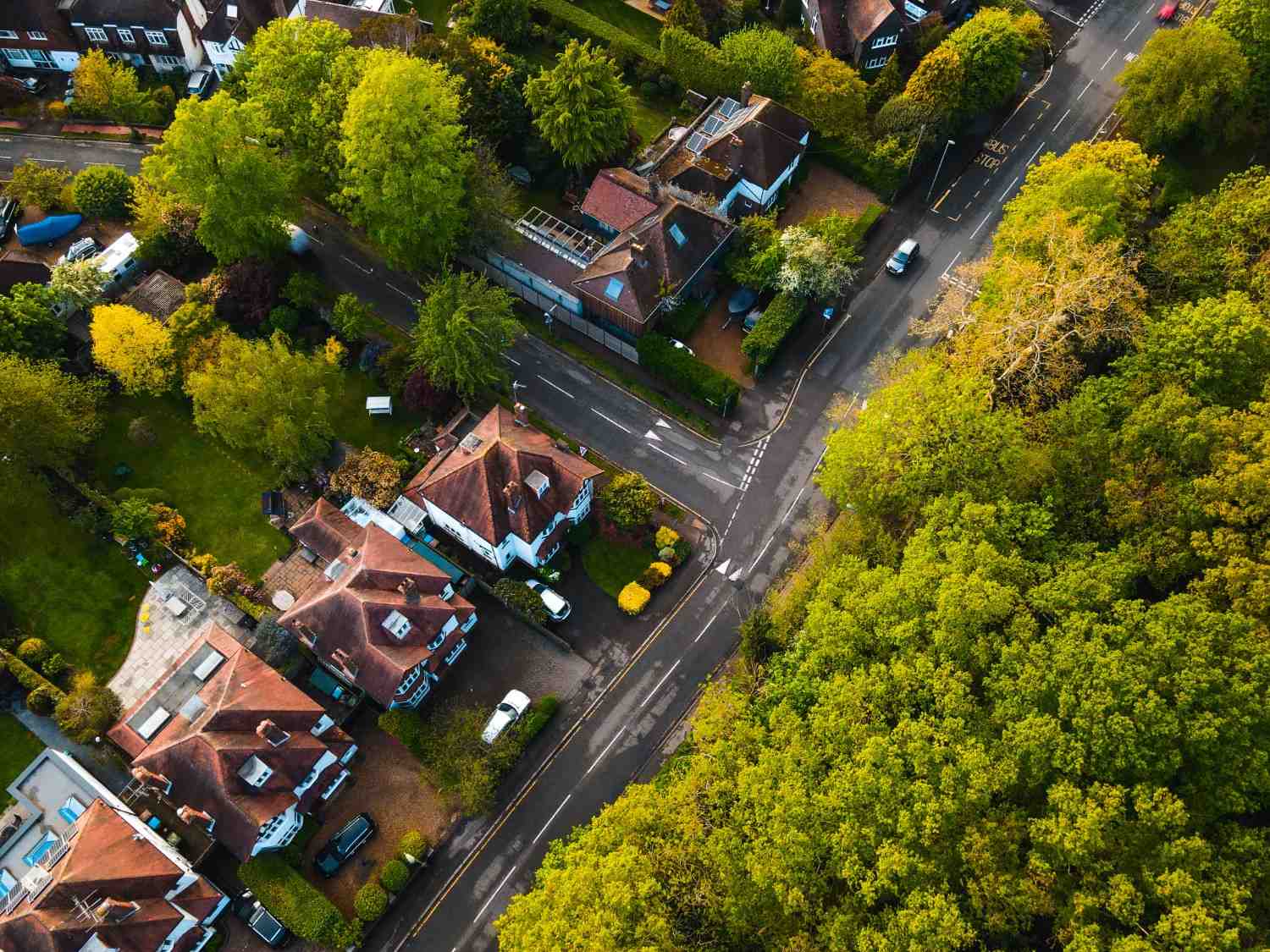Aerial view of a well-maintained residential neighborhood with mature trees, private homes, and community streets managed by an HOA.